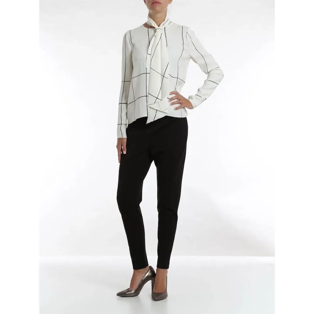 Tory Burch Window Pane Check Silk Windsor Tie Ivory Long Sleeve Blouse, S/6